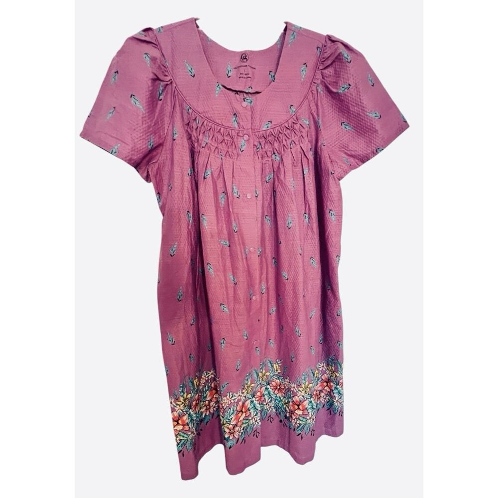 GS Seersucker Women's Housedress Size L Housecoat Robe Purple Floral Smocked
